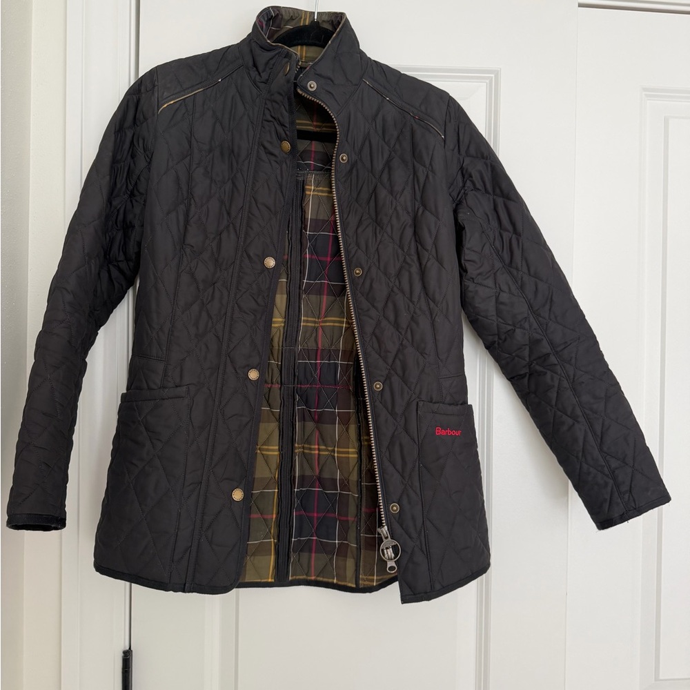 Barbour Black Quilted Lightweight Jacket with Tartan Lining